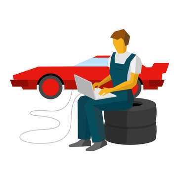 Car mechanic sitting on a tires and adjusts sportcar with laptop. Service station worker typing on notebook. Red supercar tuning. Flat vector clip art on white background.