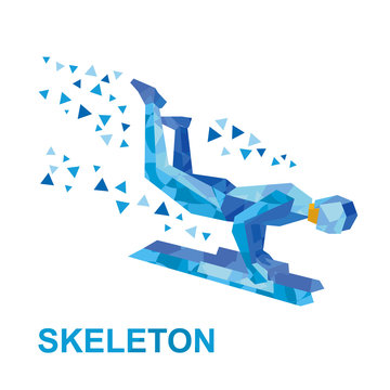 Winter sports - skeleton. Cartoon sportsman jump on sled (bobsled)
