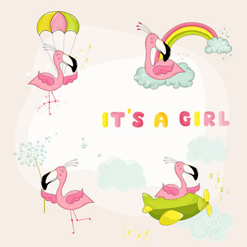 Baby Flamingo Set - Baby Shower or Arrival Card - in vector