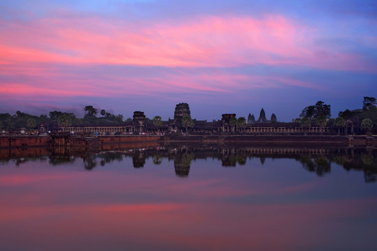 Cambodian landmark Angkor Wat with reflection