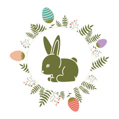flowers wreath with happy easter colorful egg and cartoon rabbit inside and  over white background. vector illustration