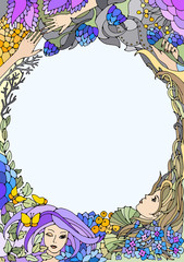 Floral decorative element with round space for text. Surreal female faces, leaves, waves, branches and flowers. Color vector illustration for invitation, card or other.