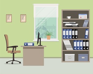 Workplace of office worker. There are such objects on a window background: a desktop, case for documents, a chair, a computer. Vector flat illustration 