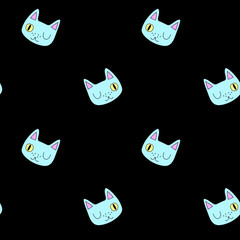 cats muzzle head wink blue on black background seamles pattern v - 124463493