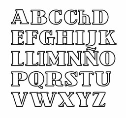 Spanish alphabet, uppercase letters a contour, vector. Vector font, on a white background. White letters with a thin black outline. 