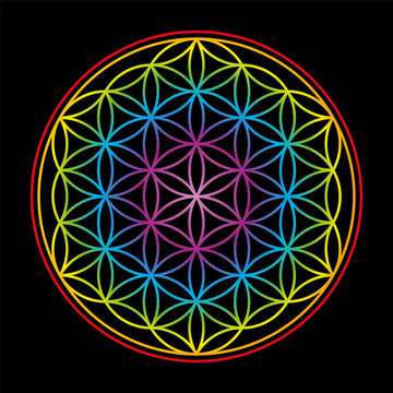 Flower of Life, symbol of harmony - rainbow gradient colored illustration on black background.
