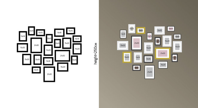 Vector  location  for hanging photo frames on the wall in scale  in the room. Size of heart is WxH=150x126cm drawn to scale, as it would looks at the wall height 250 cm