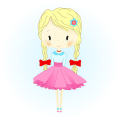 Doll Vector Illustration. Beautiful Golden Hair Puppet with red Bows. Little Girl