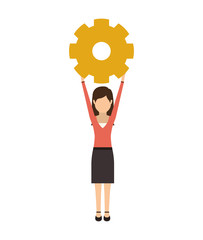 avatar female woman wearing executive clothes with arms up holding a gear wheel over white background. vector illustration