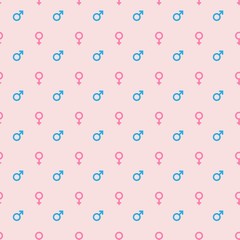 Seamless pattern of blue male and pink female gender symbols on light pink background. Simple flat vector geoetric signs.