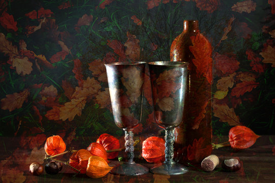 double exposure still life, autumn leaves and trees. Autumn Still Life in art processing