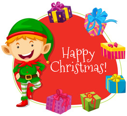 Christmas card template with elf and presents