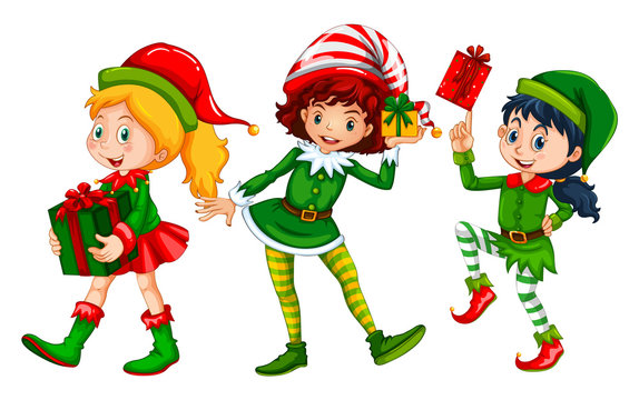 Three girls dressed in elf costume for Christmas