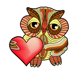 Vector illustration of a colored vector owl with red heart, civetta colorata vettoriale con cuore rosso
