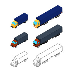 Vector illustration. Set of web icons trucks in different styles. Colorful, outline. Isometric, 3D