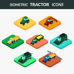 Obraz premium vector illustration. set of agricultural icons. Farm tractor with plow, trailer, sprayed with insecticides. harvester. 3D, isometric