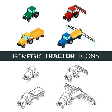 vector illustration. set of agricultural icons. Farm tractor with plow, trailer, sprayed with insecticides. 3D, isometric. Contour, outline and color