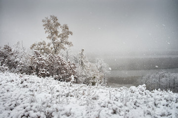 First snow Amur river in the fall fell early. Soon will come the cold winter.
