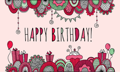 Happy birthday border doodle vector illustration with balloons, birthday cakes, candles, presents, bunting and abstract shapes on a pink background