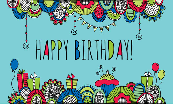 Happy birthday border doodle vector illustration with balloons, birthday cakes, candles, presents, bunting and abstract shapes on aqua background