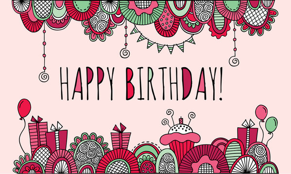 Happy birthday border doodle vector illustration with balloons, birthday cakes, candles, presents, bunting and abstract shapes on a pink background