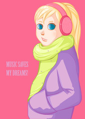 Blond girl in pink headphones. Music.