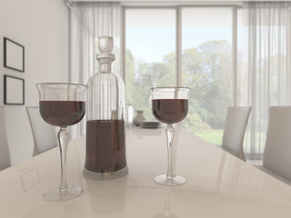 3d rendering depth of field nice glass and bottle of red wine in white bright dining room with beautiful view