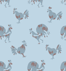 Hand drawn Roosters and Hens. Seamless pattern of bird silhouettes on a dusty blue background.