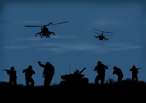 Illustration, the soldiers going to attack and helicopters.