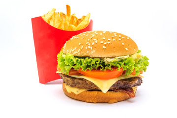 tasty hamburger and French fries isolated on white background.