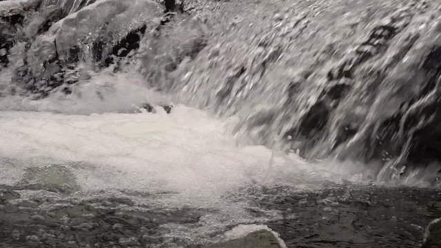 Waterfall at Winter on Mountain River Close-Up Slow Motion