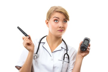 Shocked woman holding glucometer, measuring sugar level, concept of diabetes