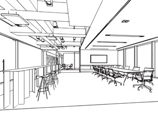 interior outline sketch drawing perspective of a space office