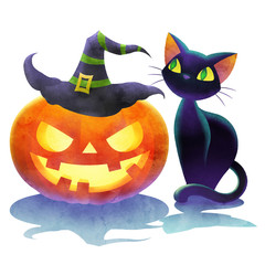 cartoon halloween pumpkin wearing wish hat and black cat poster watercolor illustration