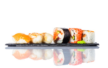 Sushi Rolls with Smoked Salmon on White Background
