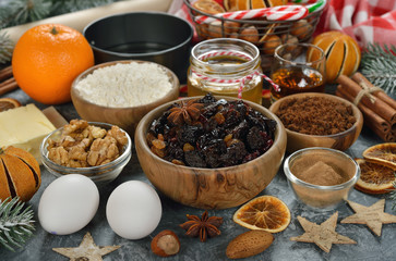 Ingredients to bake traditional Christmas fruit cake