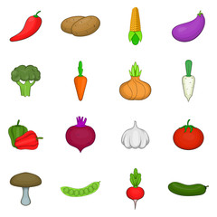 Vegetables icons set. Cartoon illustration of 16 vegetables vector icons for web