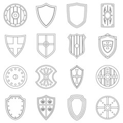 Shield frames icons set. Outline illustration of 16 Shield frames vector icons for web