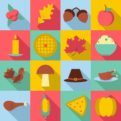 Thanksgiving Day Autumn icons set. Flat illustration of 16 Thanksgiving Day autumn vector icons for web