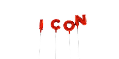ICON - word made from red foil balloons - 3D rendered.  Can be used for an online banner ad or a print postcard.
