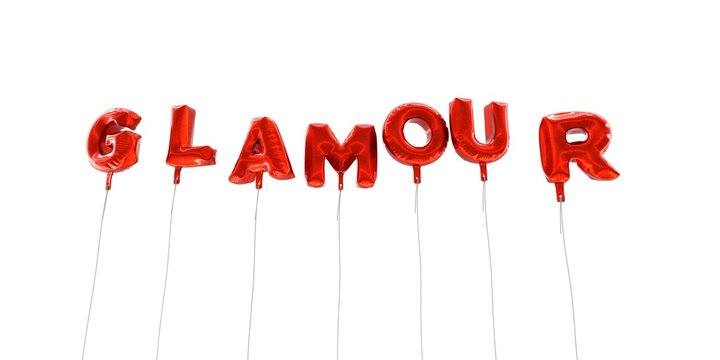 GLAMOUR - word made from red foil balloons - 3D rendered.  Can be used for an online banner ad or a print postcard.
