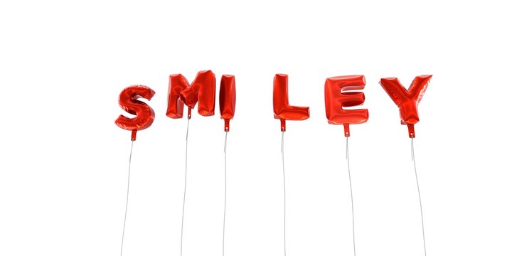 SMILEY - word made from red foil balloons - 3D rendered.  Can be used for an online banner ad or a print postcard.