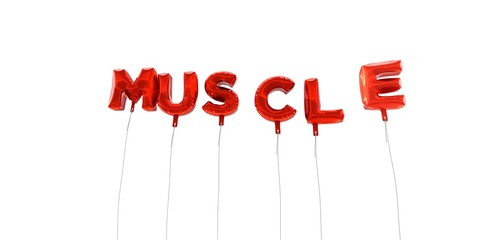MUSCLE - word made from red foil balloons - 3D rendered.  Can be used for an online banner ad or a print postcard.
