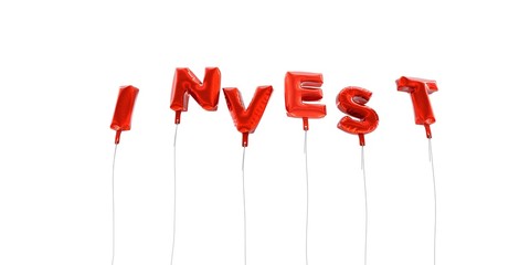 INVEST - word made from red foil balloons - 3D rendered.  Can be used for an online banner ad or a print postcard.
