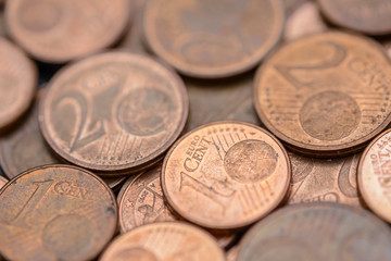 detailed close up of Euro cent coins, texture background