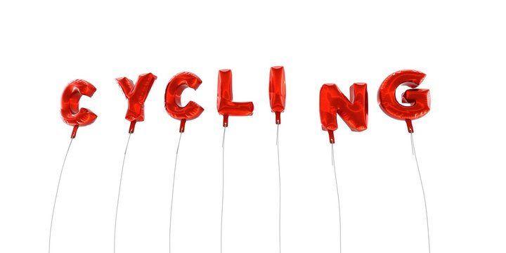 CYCLING - word made from red foil balloons - 3D rendered.  Can be used for an online banner ad or a print postcard.