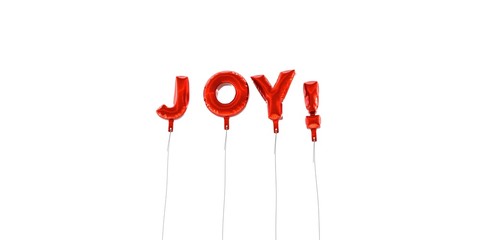JOY! - word made from red foil balloons - 3D rendered.  Can be used for an online banner ad or a print postcard.