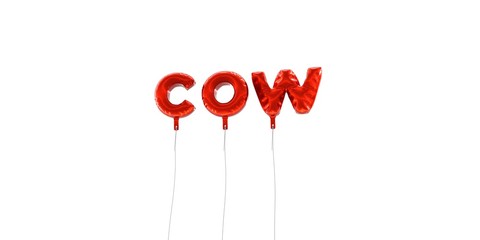 COW - word made from red foil balloons - 3D rendered.  Can be used for an online banner ad or a print postcard.