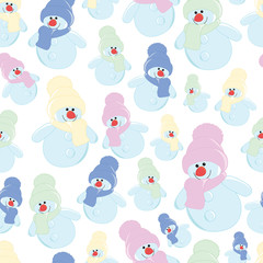 Background cute cartoon snowman in hat and scarf.