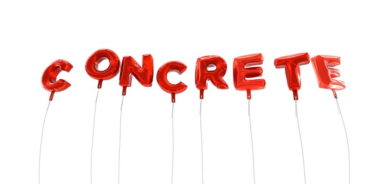 CONCRETE - word made from red foil balloons - 3D rendered.  Can be used for an online banner ad or a print postcard.